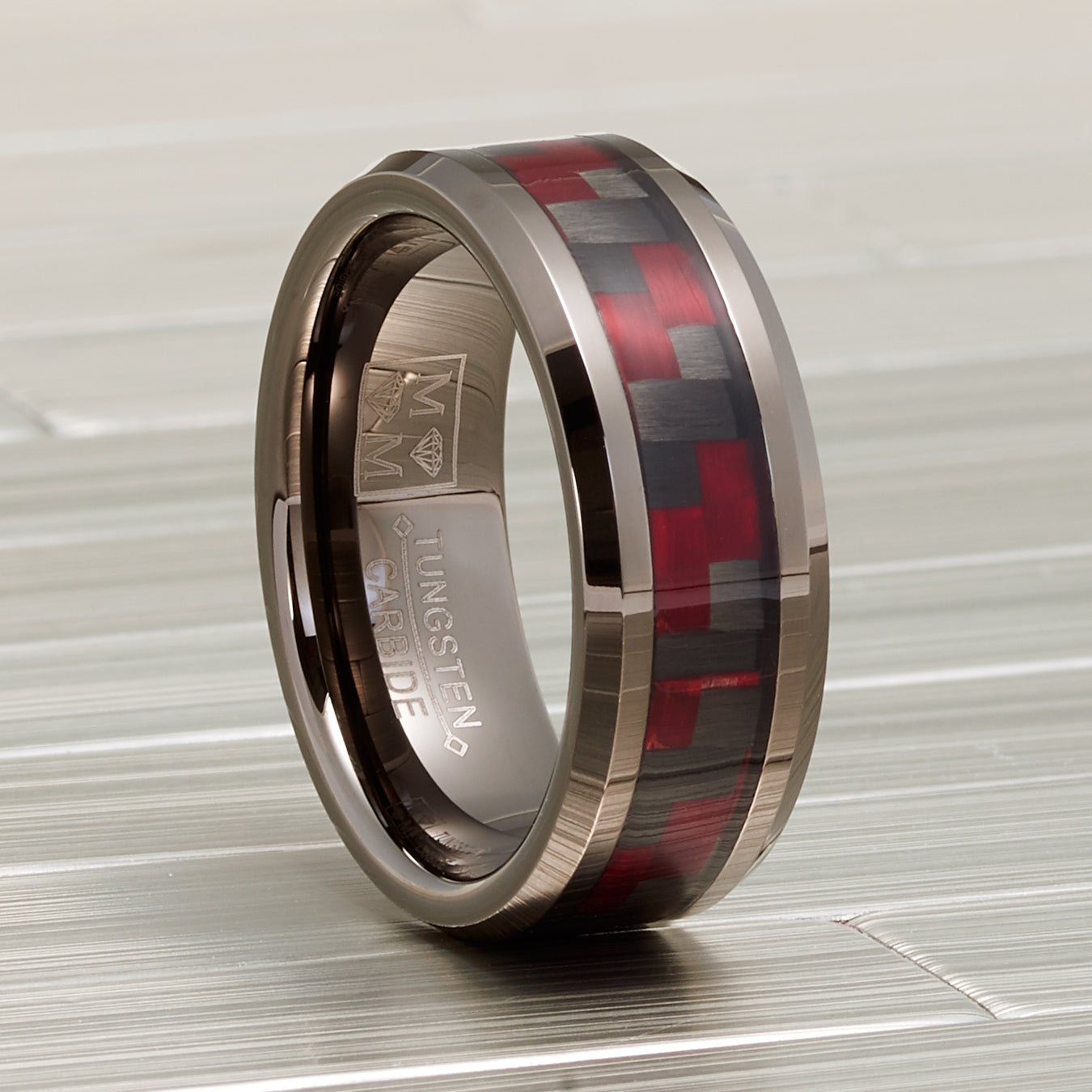 Mens Gunmetal Tungsten Carbide Ring Black Red Carbon Fiber Inlay Wedding Band 8MM