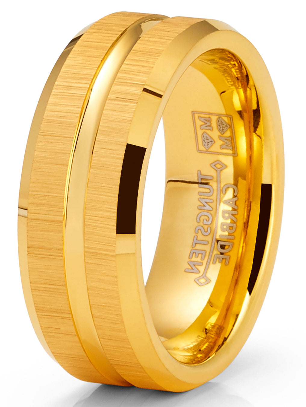 Mens Tungsten Carbide Ring Brushed Goove Wedding Band Goldtone 8MM