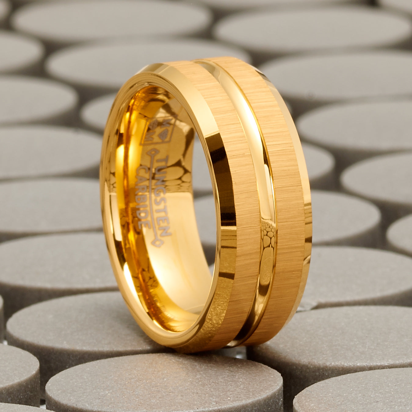 Mens Tungsten Carbide Ring Brushed Goove Wedding Band Goldtone 8MM