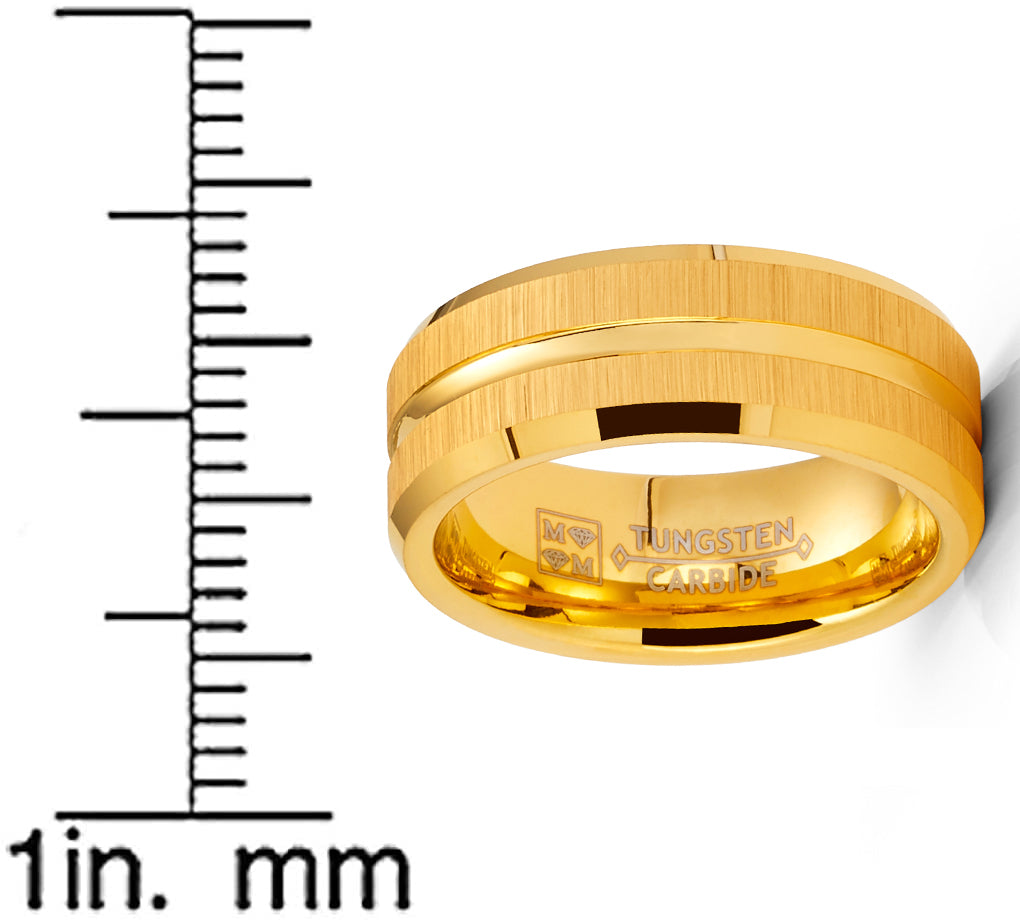 Mens Tungsten Carbide Ring Brushed Goove Wedding Band Goldtone 8MM