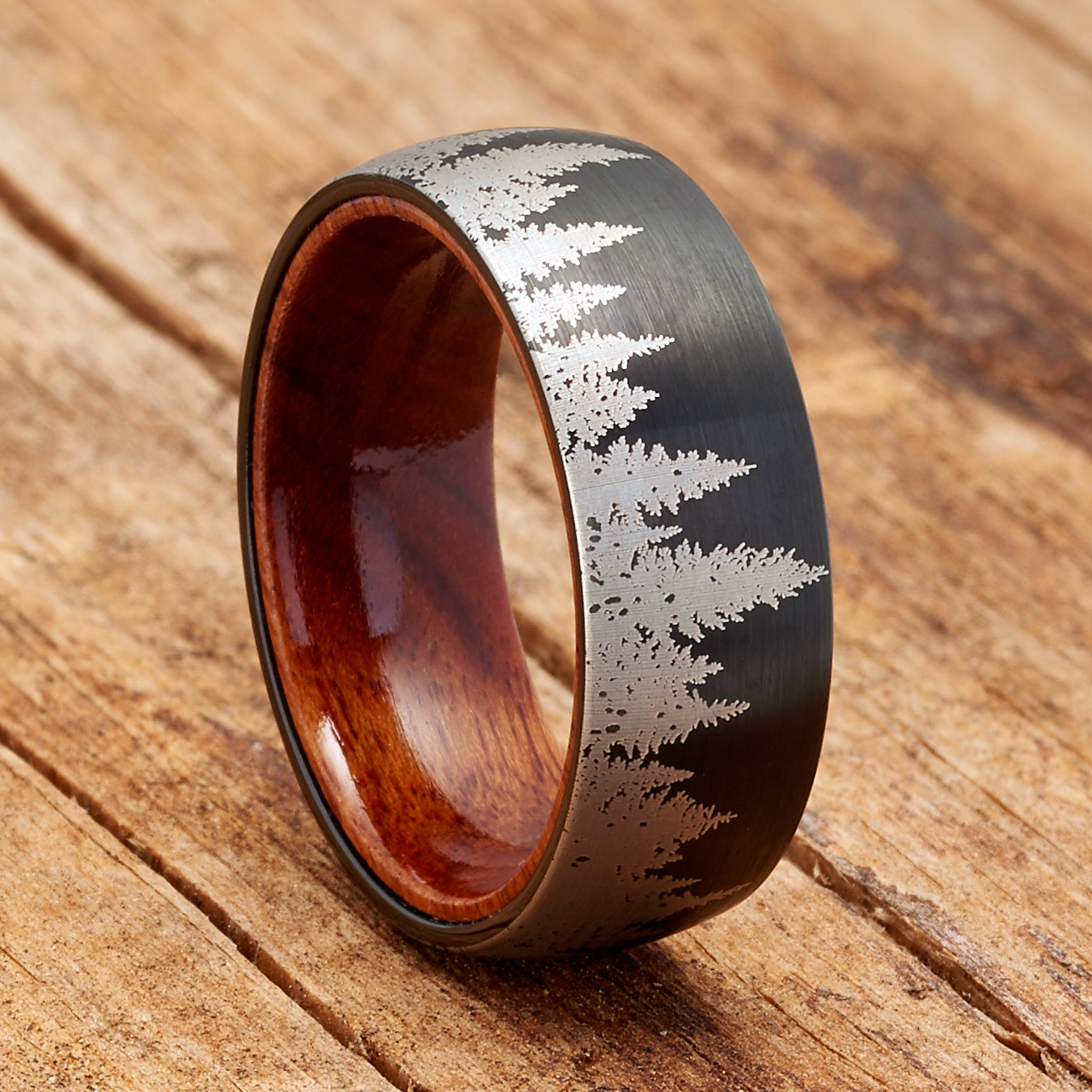 Mens Pine tree Tungsten Carbide Ring Whiskey Barrel Oakwood Wedding Band Black 8MM