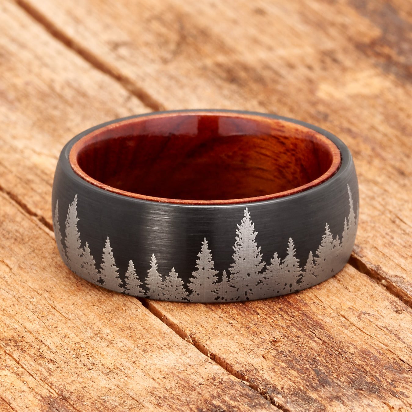 Mens Pine tree Tungsten Carbide Ring Whiskey Barrel Oakwood Wedding Band Black 8MM