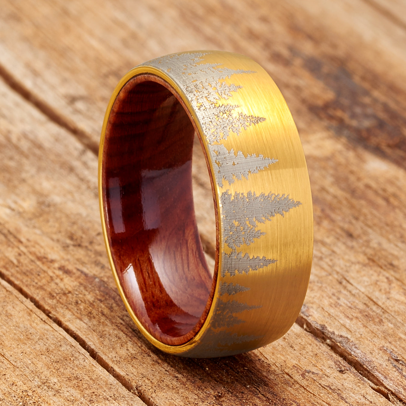 Mens Pine tree Tungsten Carbide Ring Whiskey Barrel Oakwood Wedding Band Goldtone 8MM