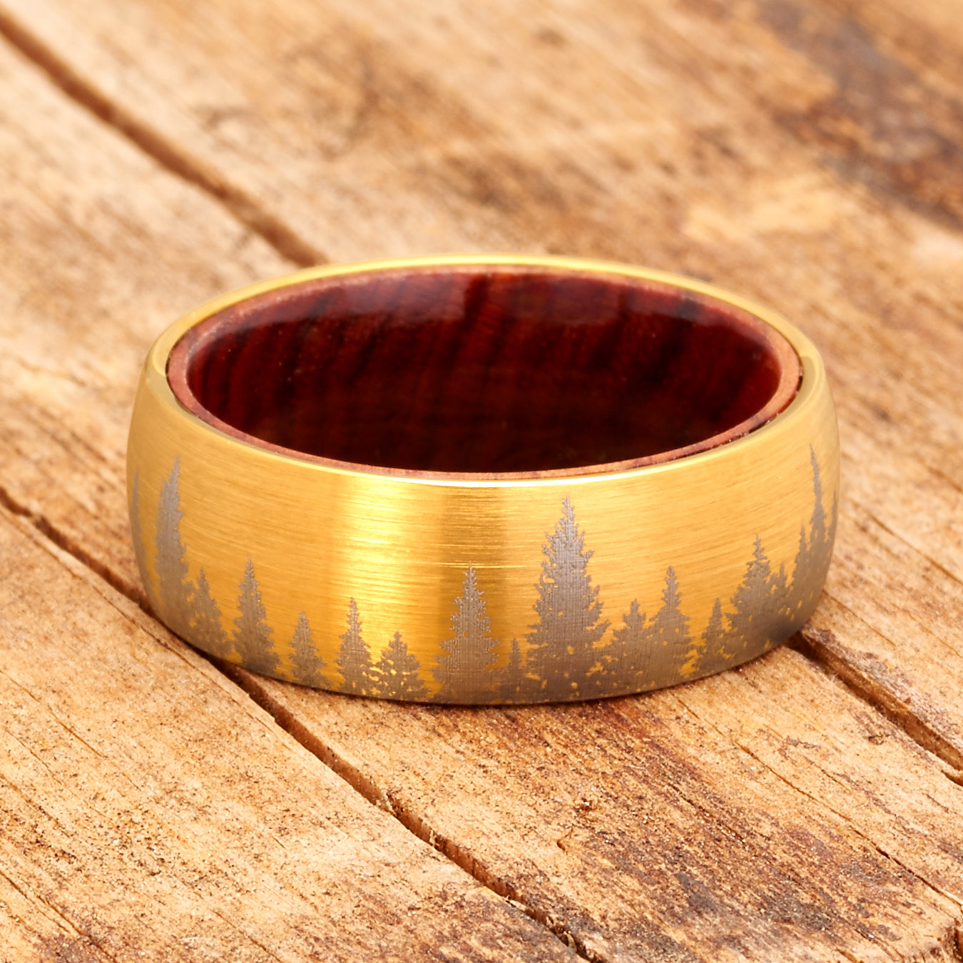 Mens Pine tree Tungsten Carbide Ring Whiskey Barrel Oakwood Wedding Band Goldtone 8MM