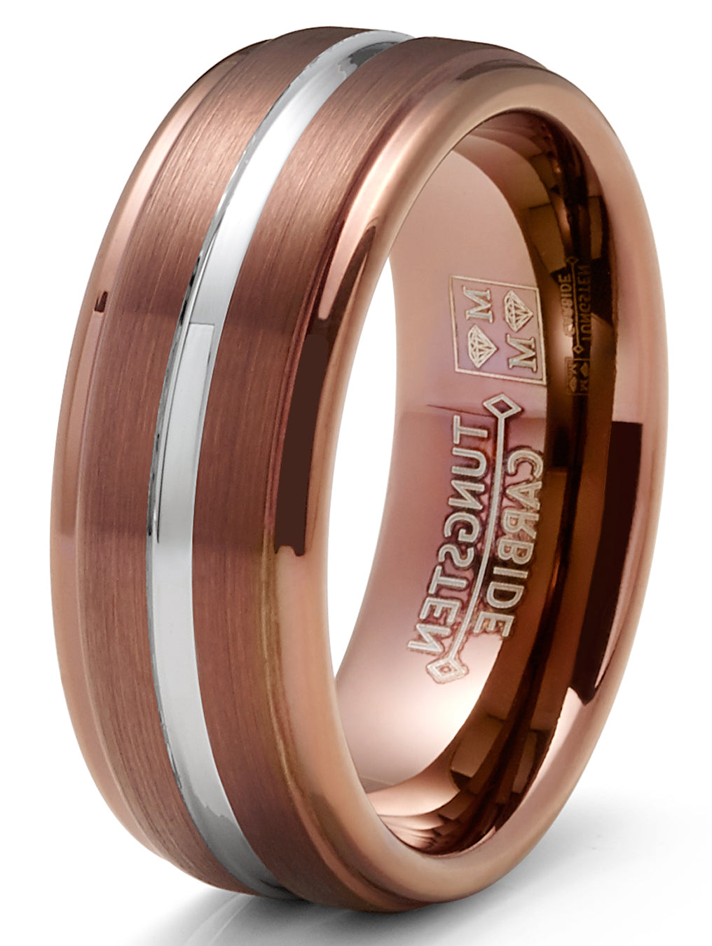 Mens Chocolate Brown Tungsten Carbide Ring Silvertone Grooved Wedding Band 8MM