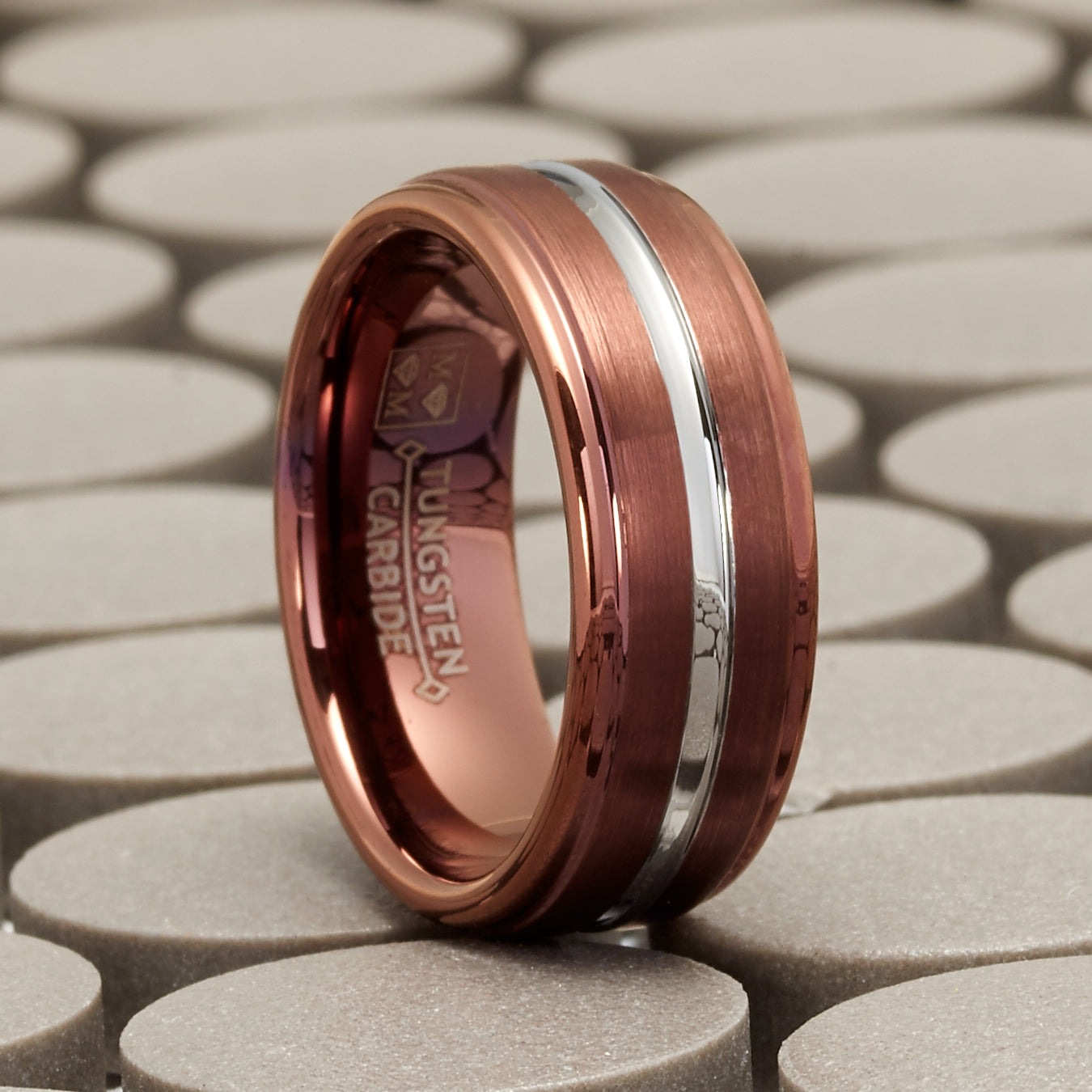 Mens Chocolate Brown Tungsten Carbide Ring Silvertone Grooved Wedding Band 8MM