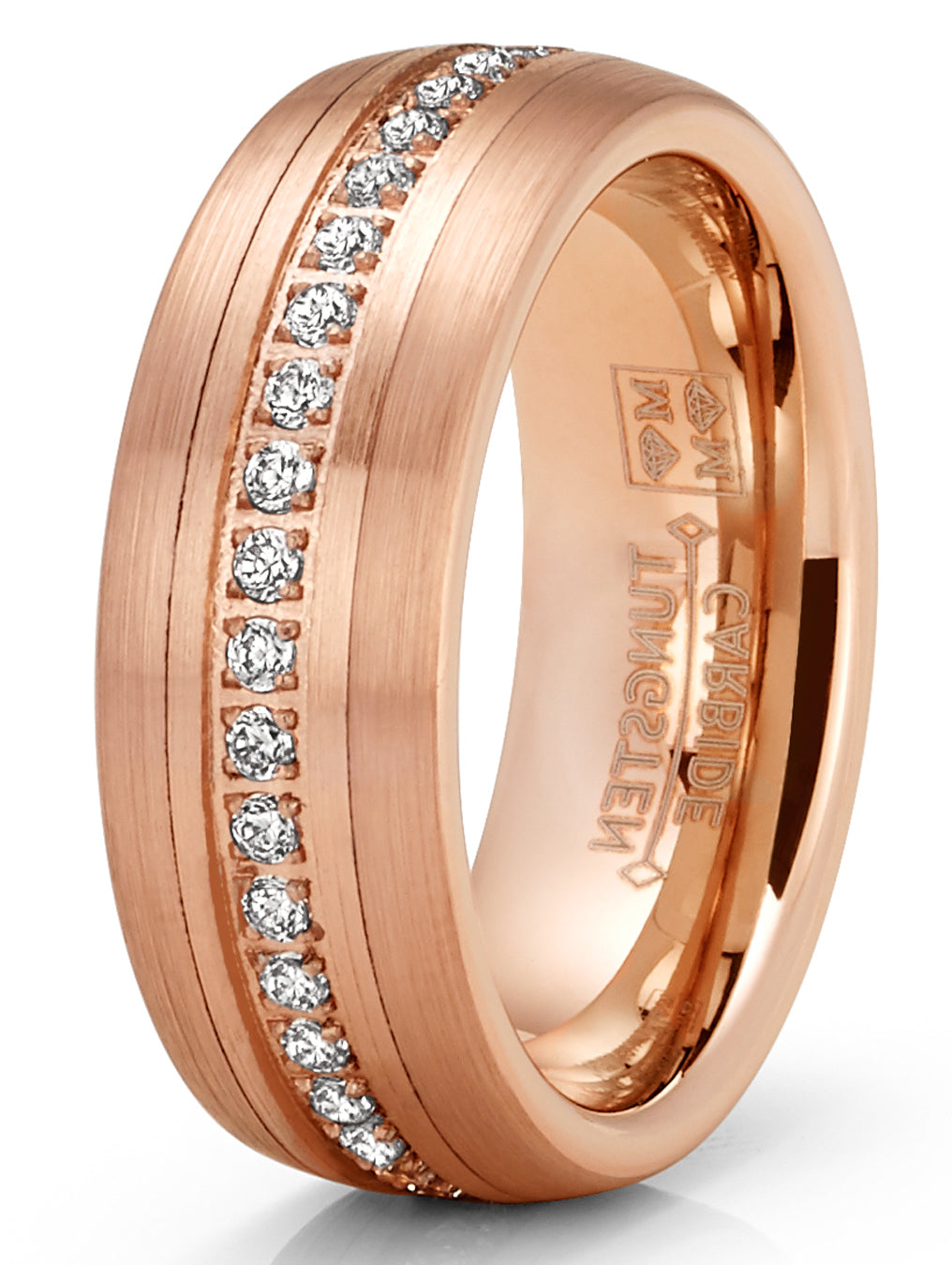 Mens Rose Goldtone Eternity Tungsten Carbide Ring Dome Wedding Band CZ 8MM