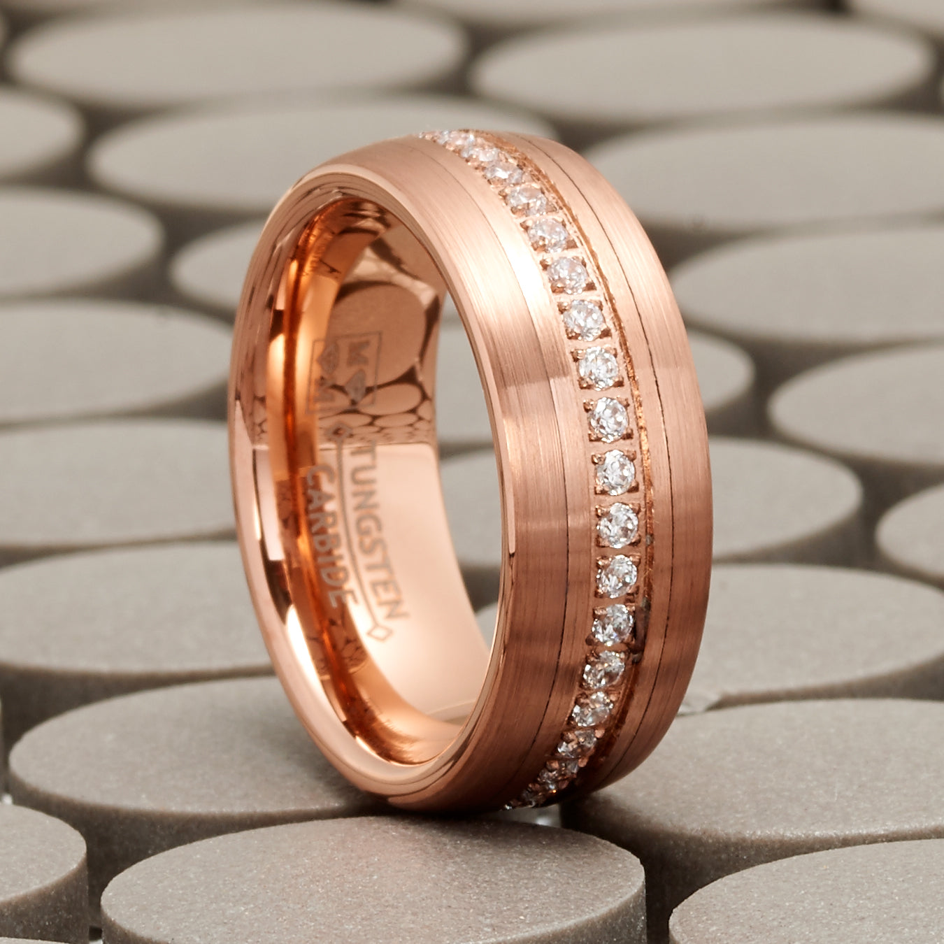 Mens Rose Goldtone Eternity Tungsten Carbide Ring Dome Wedding Band CZ 8MM