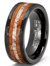 Mens Deer Antler Whiskey Barrel Tungsten Carbide Ring Hammered Wedding Band 8MM