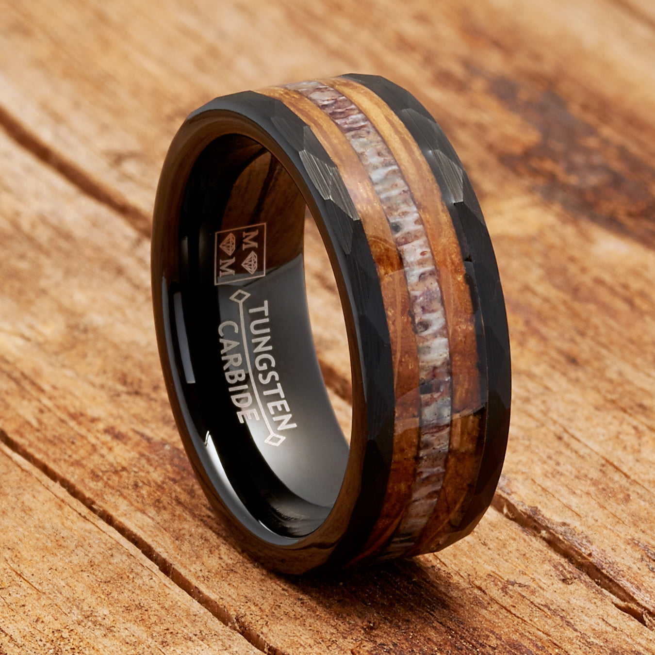 Mens Deer Antler Whiskey Barrel Tungsten Carbide Ring Hammered Wedding Band 8MM