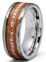 Mens Deer Antler Whiskey Barrel Tungsten Carbide Ring Hammered Wedding Band 8MM