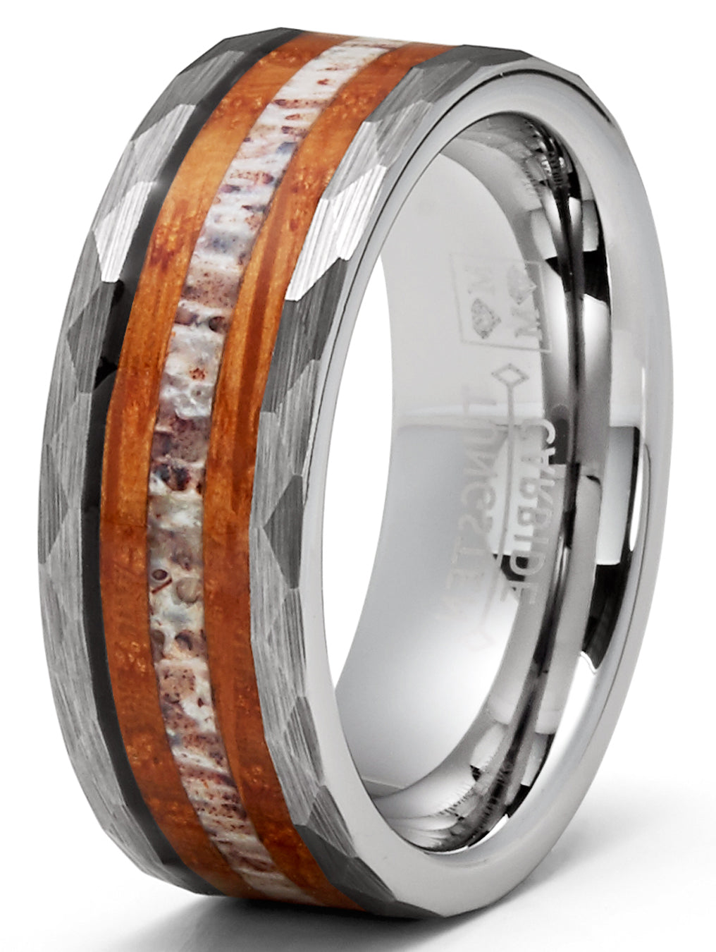 Mens Deer Antler Whiskey Barrel Tungsten Carbide Ring Hammered Wedding Band 8MM