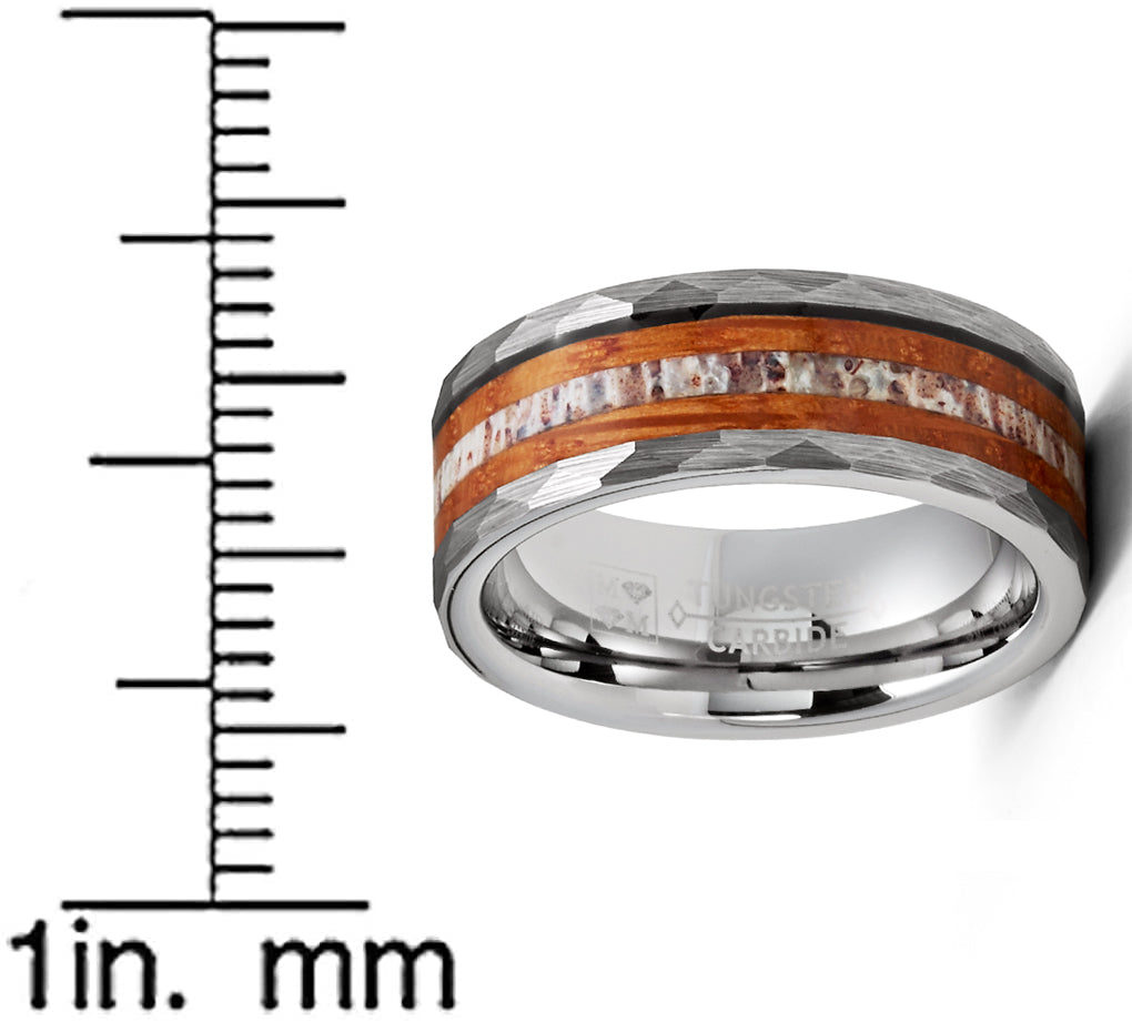 Mens Deer Antler Whiskey Barrel Tungsten Carbide Ring Hammered Wedding Band 8MM
