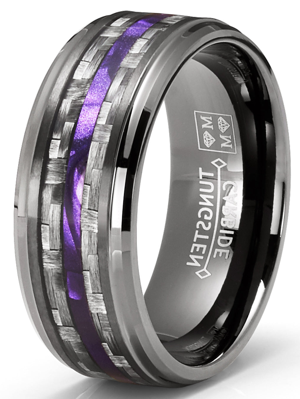 Mens Carbon Fiber Tungsten Carbide Ring Purple Wood Wedding Band Gunmetal 8MM