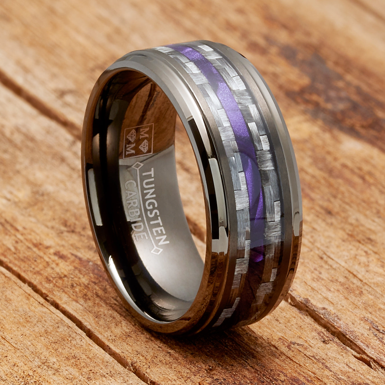 Mens Carbon Fiber Tungsten Carbide Ring Purple Wood Wedding Band Gunmetal 8MM