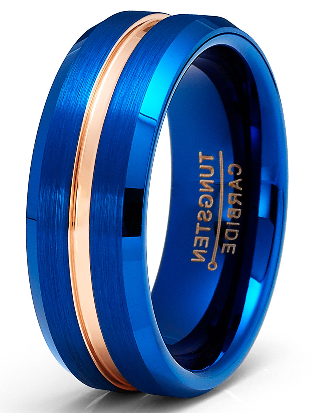 Mens Blue Tungsten Carbide Ring Rosegold Grooved Wedding Band 8MM