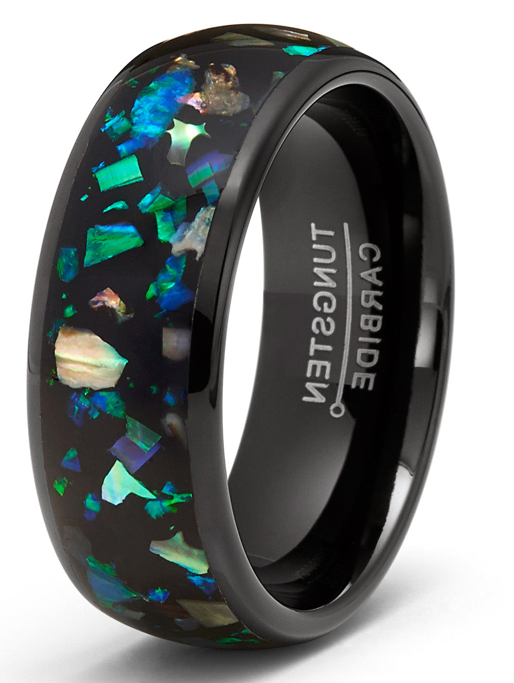 Mens Crushed Opal Abalone Tungsten Carbide Ring Dome Wedding Band Black 8MM