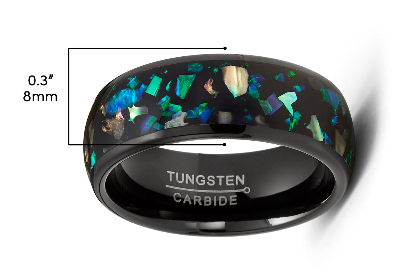 Mens Crushed Opal Abalone Tungsten Carbide Ring Dome Wedding Band Black 8MM