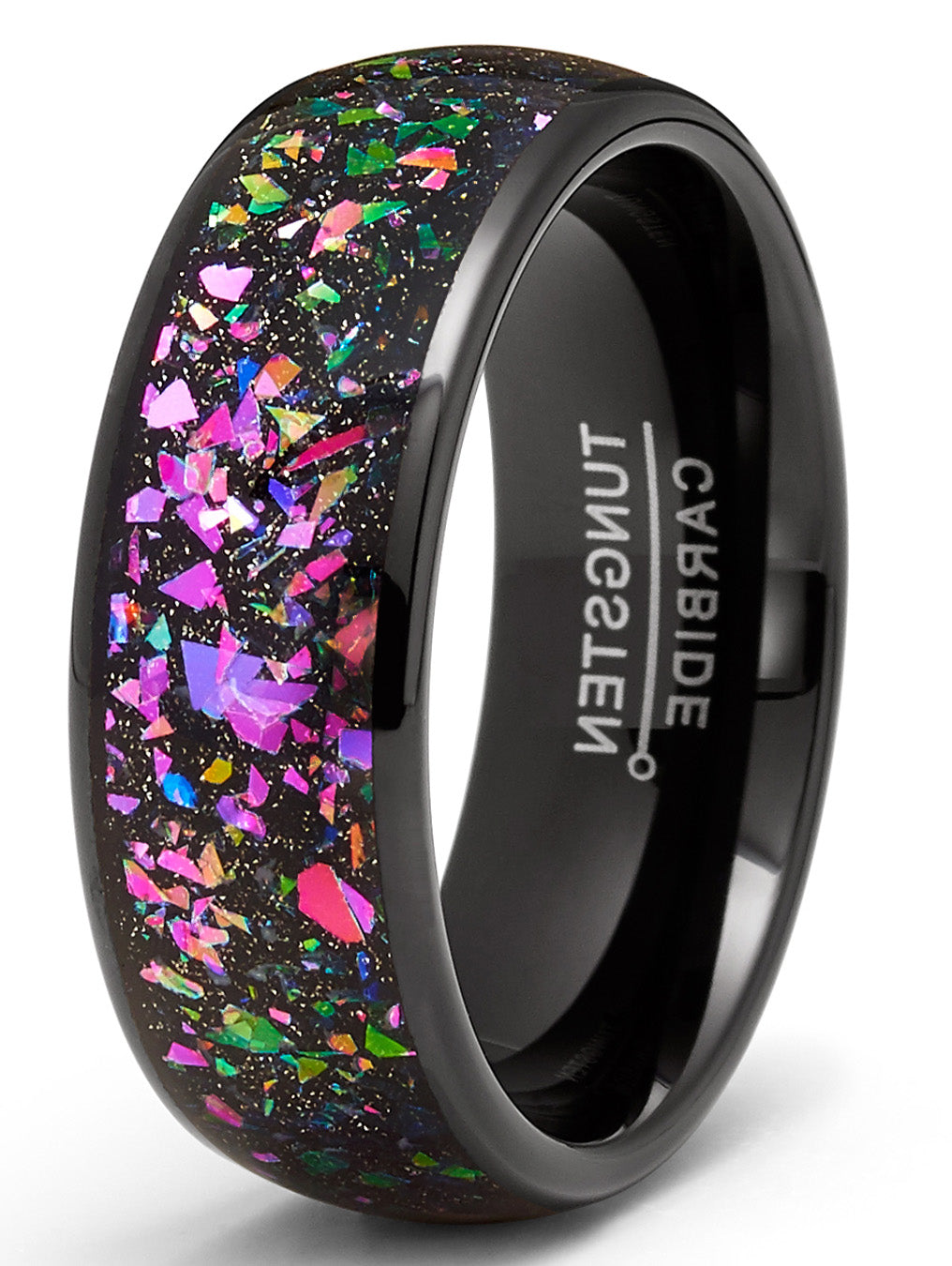 Mens Crushed Opal Abalone Tungsten Carbide Ring Wedding Band Black 8MM