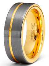 Mens Gunmetal Tungsten Carbide Ring Goldtone Grooved Wedding Band Comfort-Fit 8MM