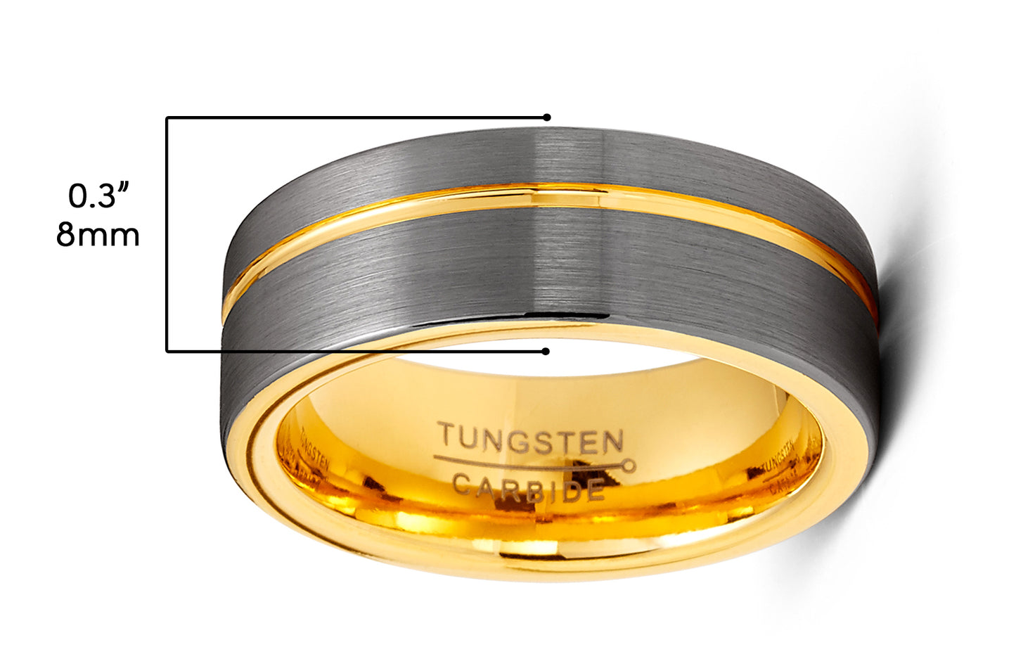 Mens Gunmetal Tungsten Carbide Ring Goldtone Grooved Wedding Band Comfort-Fit 8MM