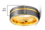 Mens Gunmetal Tungsten Carbide Ring Goldtone Grooved Wedding Band Comfort-Fit 8MM
