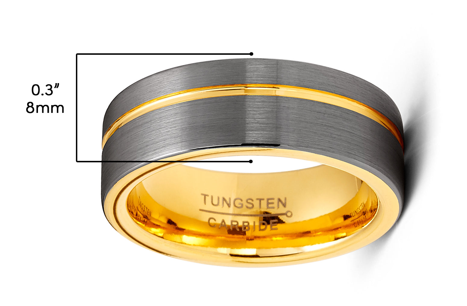 Mens Gunmetal Tungsten Carbide Ring Goldtone Grooved Wedding Band Comfort-Fit 8MM