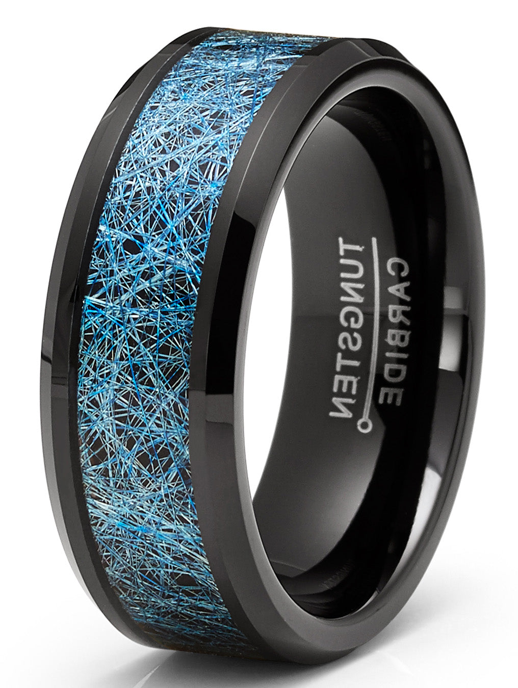 Mens Blue Silk Thread Tungsten Carbide Ring Black Wedding Band Comfort-Fit 8MM