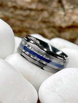 Mens Carbon Fiber Tungsten Carbide Ring Blue Wood Wedding Band Gunmetal 8MM