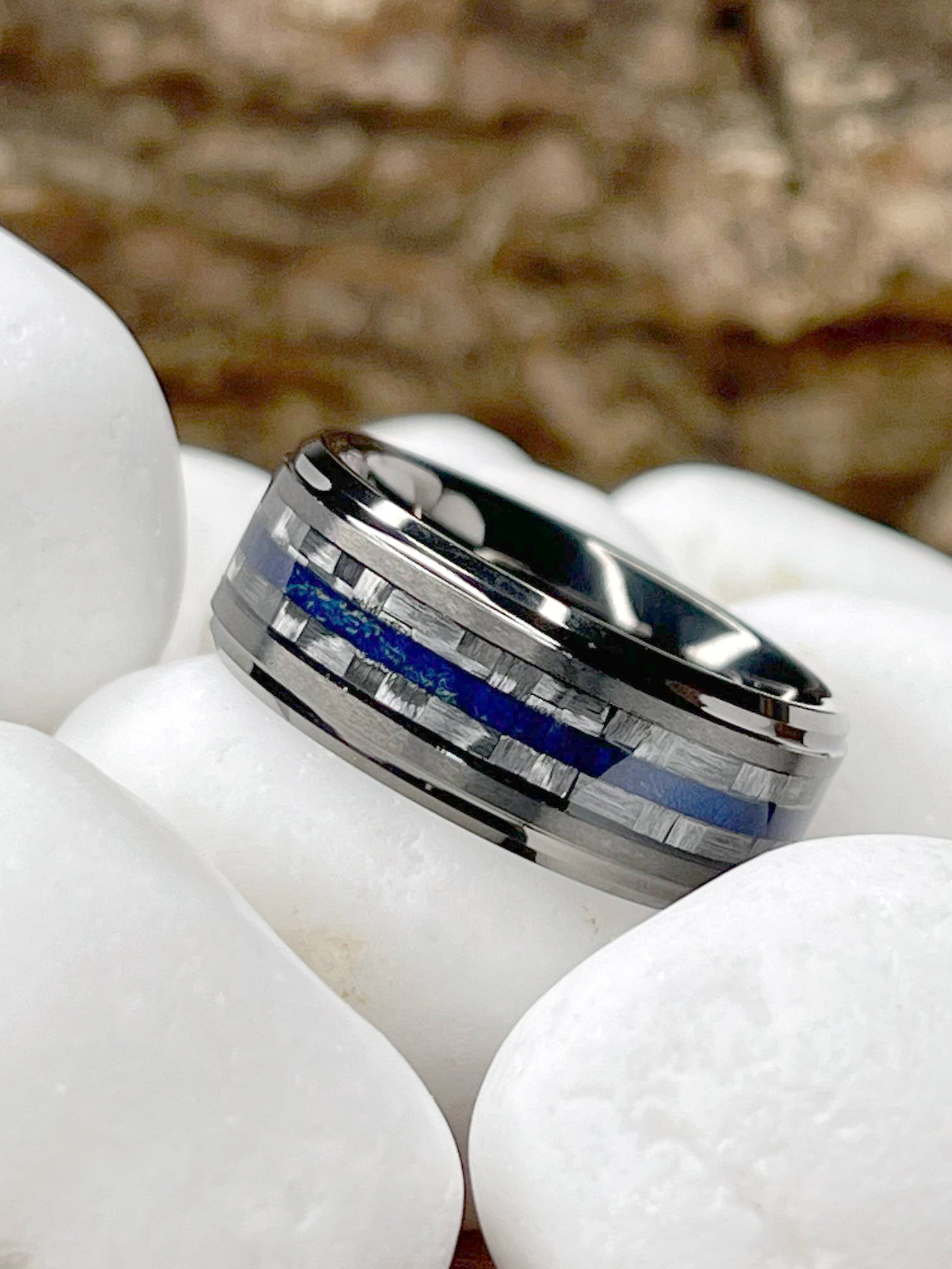 Mens Carbon Fiber Tungsten Carbide Ring Blue Wood Wedding Band Gunmetal 8MM
