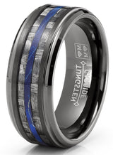 Mens Carbon Fiber Tungsten Carbide Ring Blue Wood Wedding Band Gunmetal 8MM