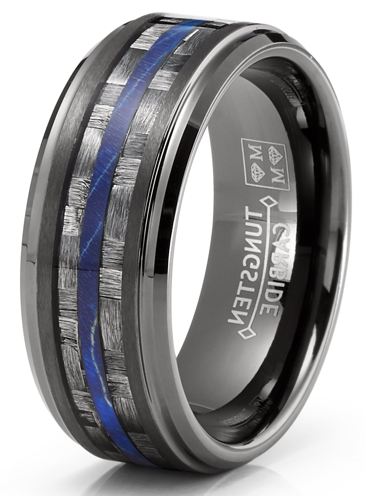 Mens Carbon Fiber Tungsten Carbide Ring Blue Wood Wedding Band Gunmetal 8MM
