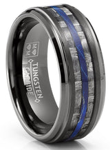 Mens Carbon Fiber Tungsten Carbide Ring Blue Wood Wedding Band Gunmetal 8MM