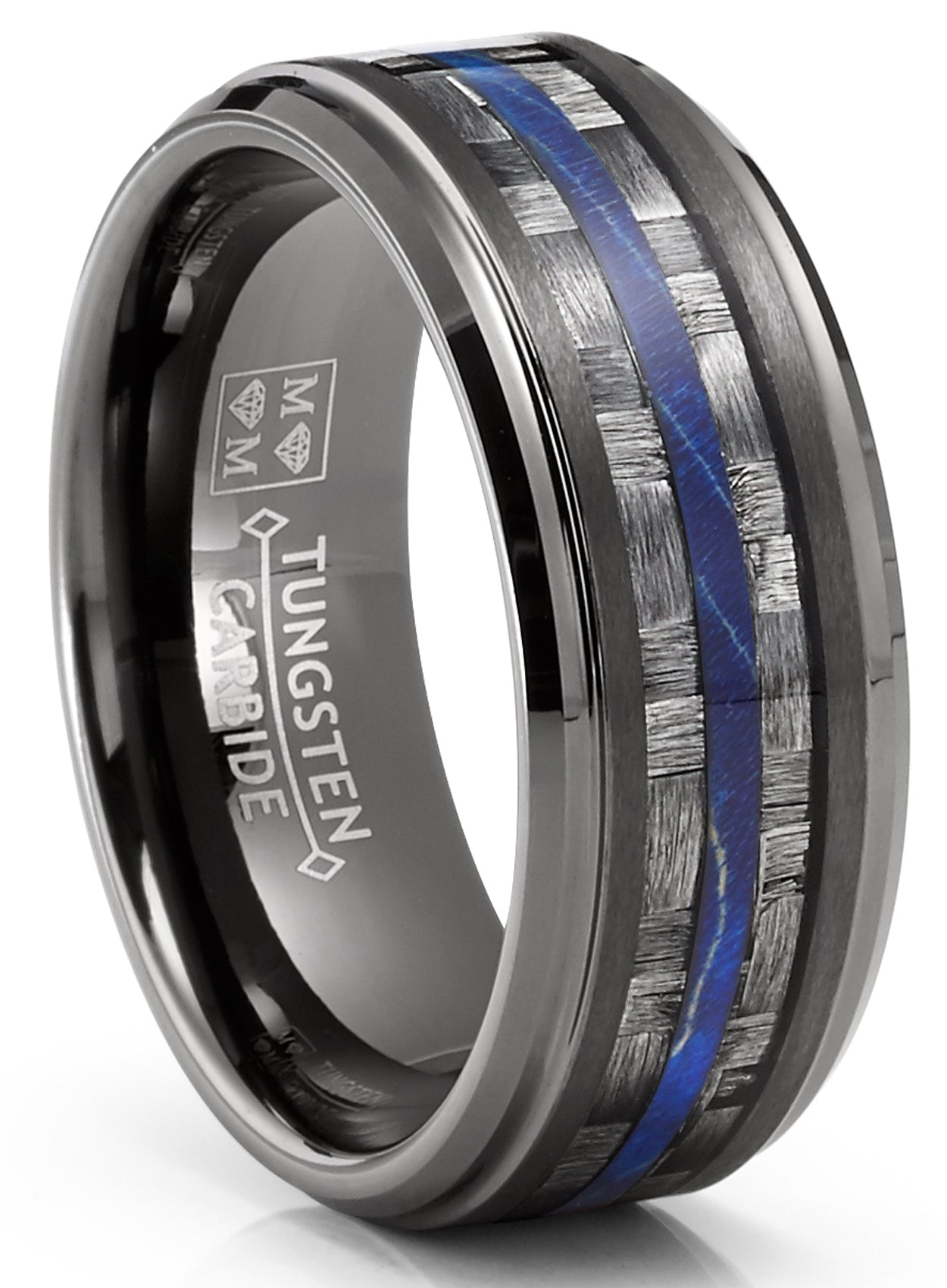 Mens Carbon Fiber Tungsten Carbide Ring Blue Wood Wedding Band Gunmetal 8MM