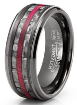Mens Carbon Fiber Tungsten Carbide Ring Red Wood Wedding Band Gunmetal 8MM