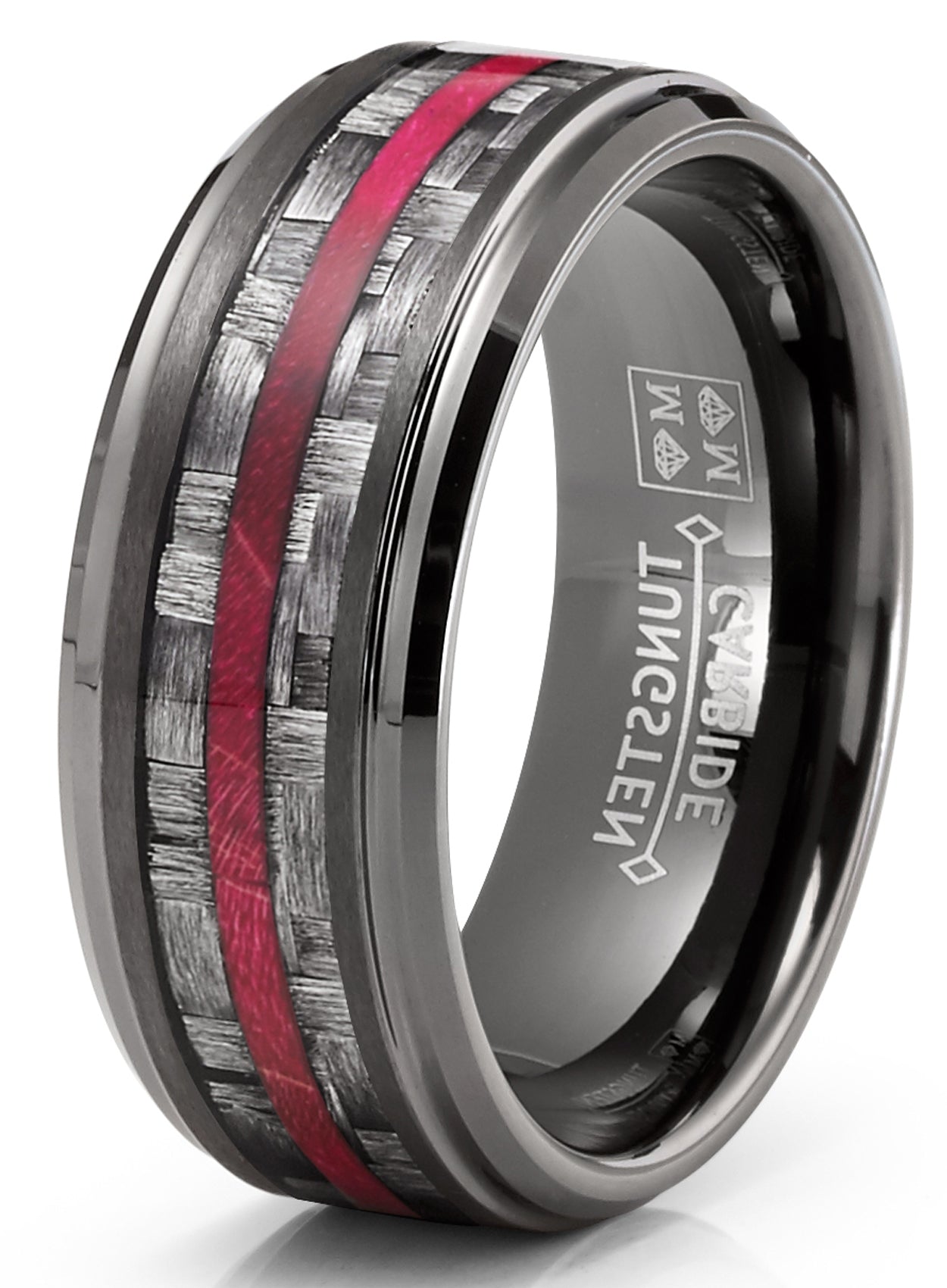 Mens Carbon Fiber Tungsten Carbide Ring Red Wood Wedding Band Gunmetal 8MM