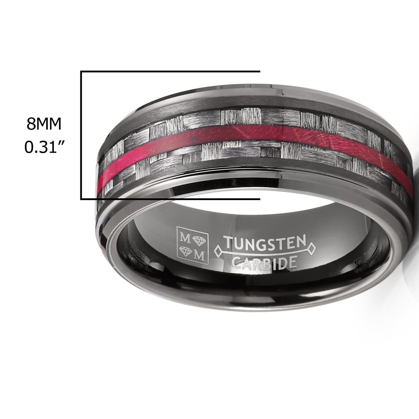 Mens Carbon Fiber Tungsten Carbide Ring Red Wood Wedding Band Gunmetal 8MM