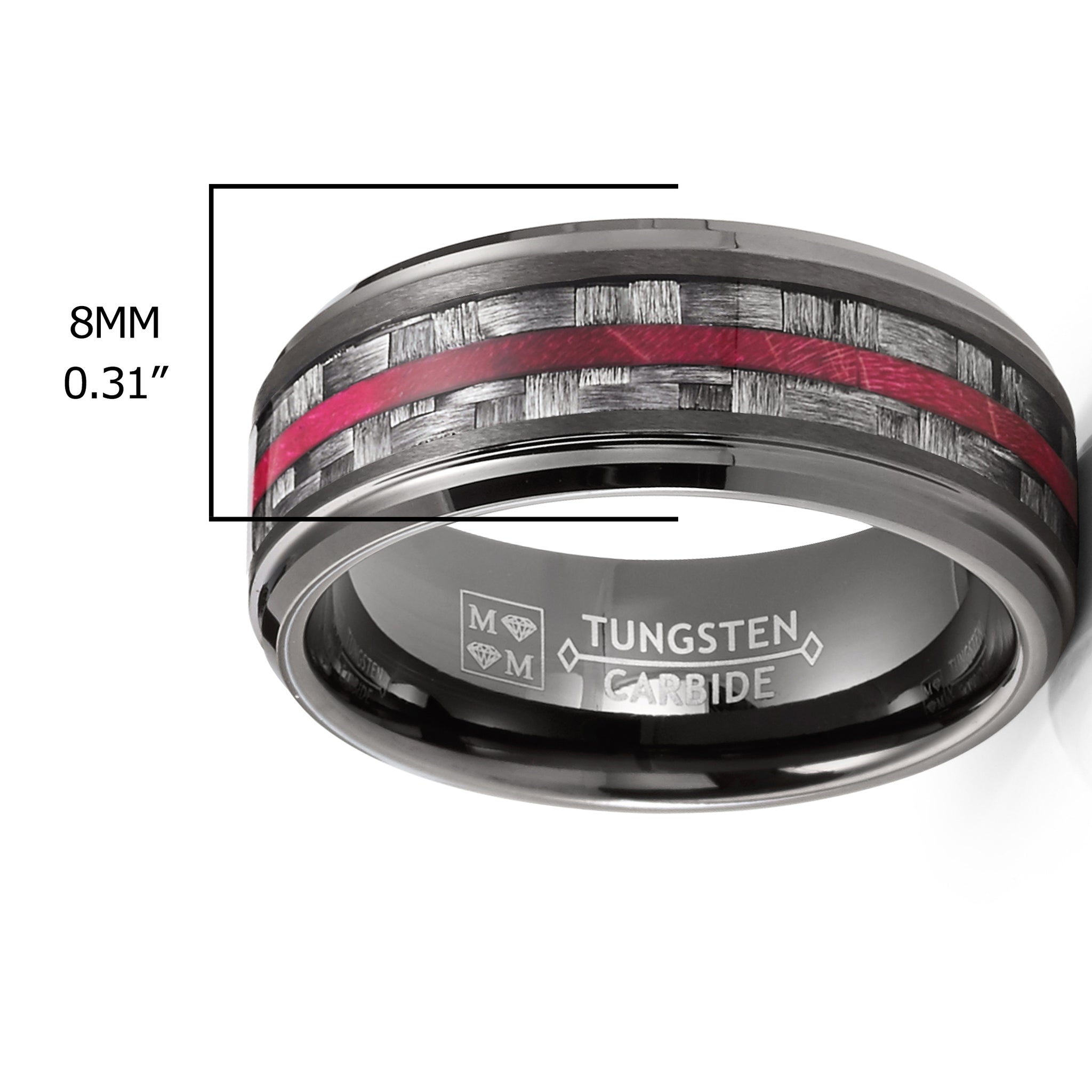 Mens Carbon Fiber Tungsten Carbide Ring Red Wood Wedding Band Gunmetal 8MM