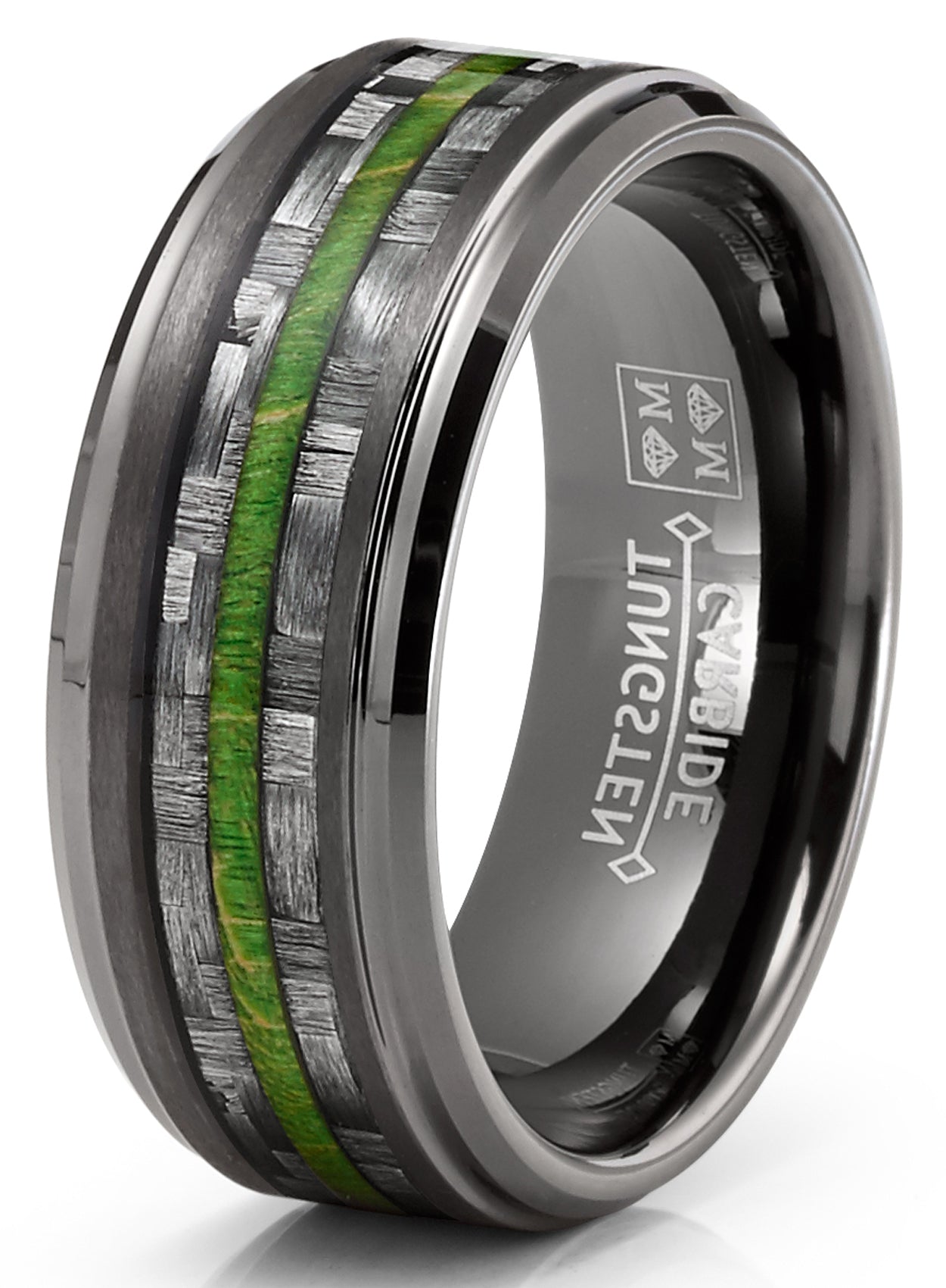 Mens Carbon Fiber Tungsten Carbide Ring Green Wood Wedding Band Gunmetal 8MM