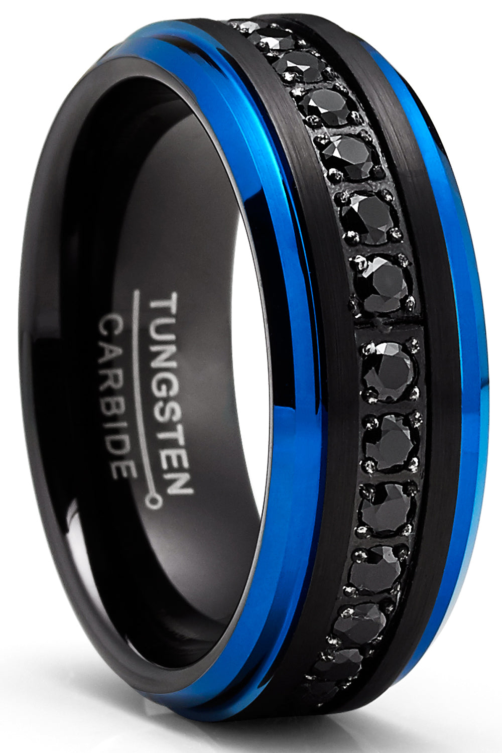 Men Tungsten Two-Tone Wedding Band Black Blue Eternity Ring CZ Comfort-Fit 8MM