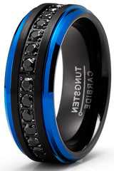 Men Tungsten Two-Tone Wedding Band Black Blue Eternity Ring CZ Comfort-Fit 8MM