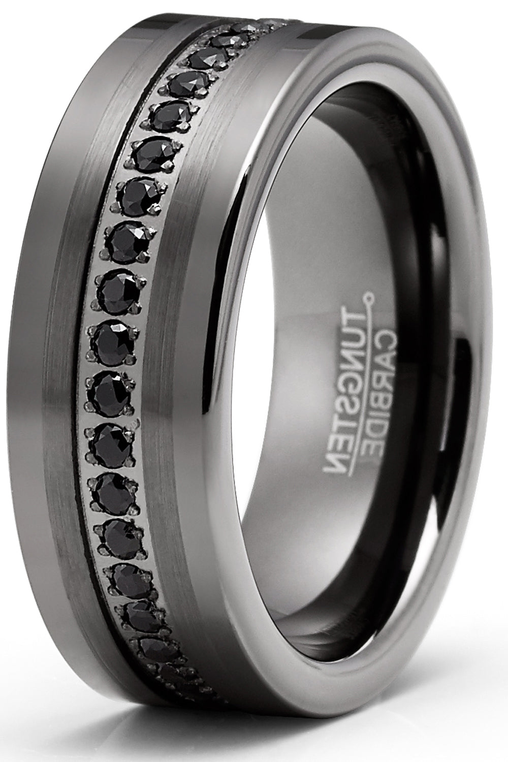 Men's Tungsten Wedding Band Eternity Ring Gunmetal Cubic Zirconia Comfort-Fit 8MM