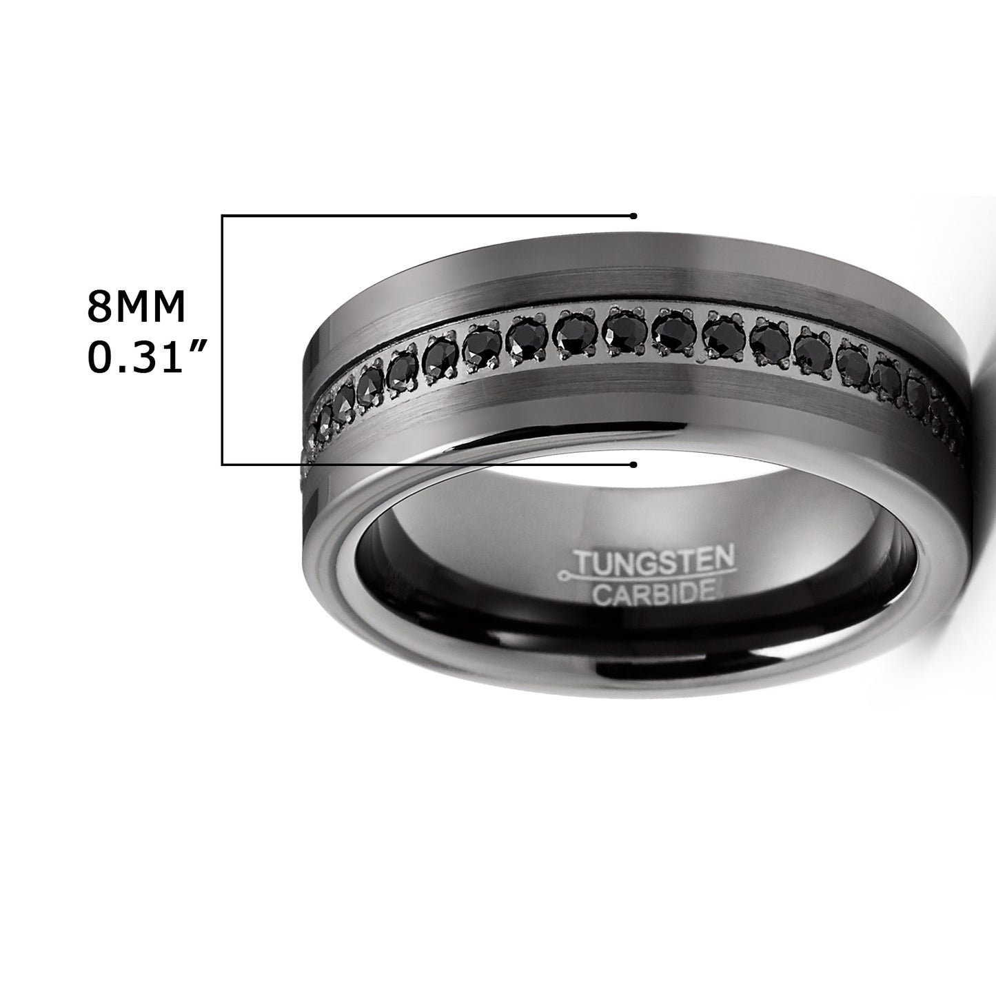 Men's Tungsten Wedding Band Eternity Ring Gunmetal Cubic Zirconia Comfort-Fit 8MM