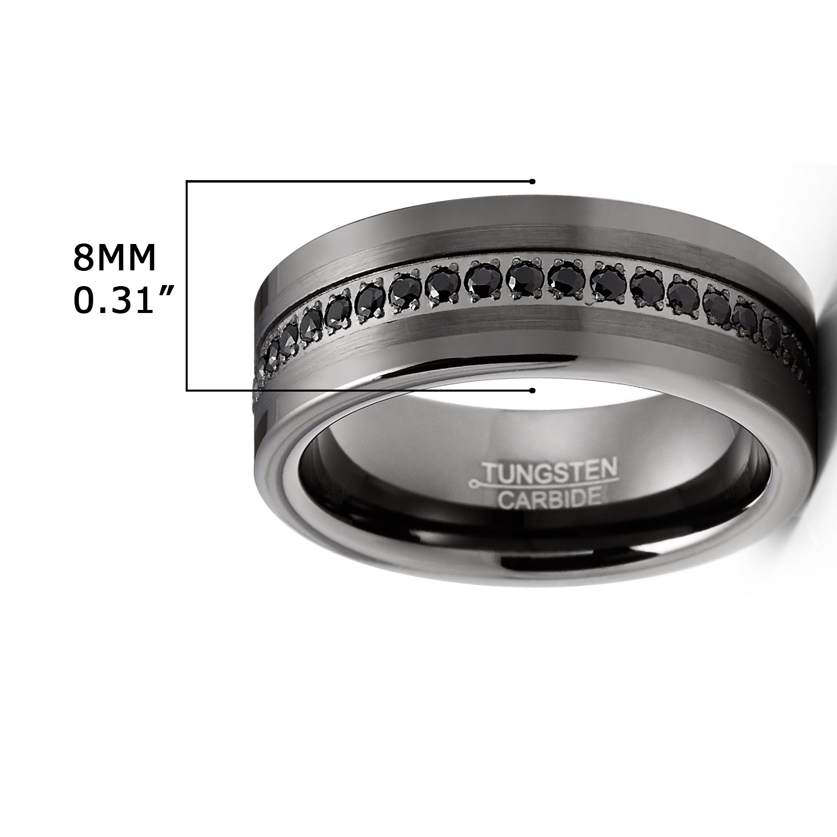 Men's Tungsten Wedding Band Eternity Ring Gunmetal Cubic Zirconia Comfort-Fit 8MM