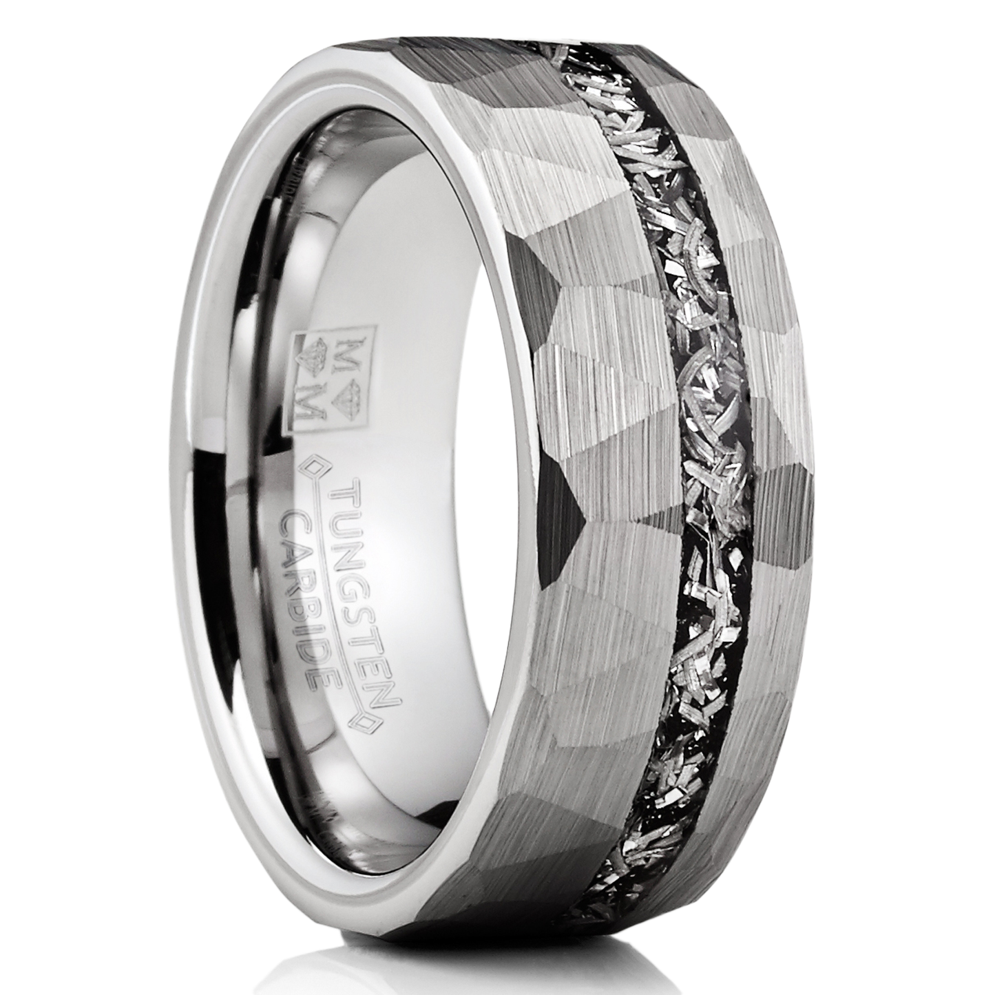 Men's Tungsten Carbide Ring Hammered Meteorite Wedding Band 8MM Silvertone Black