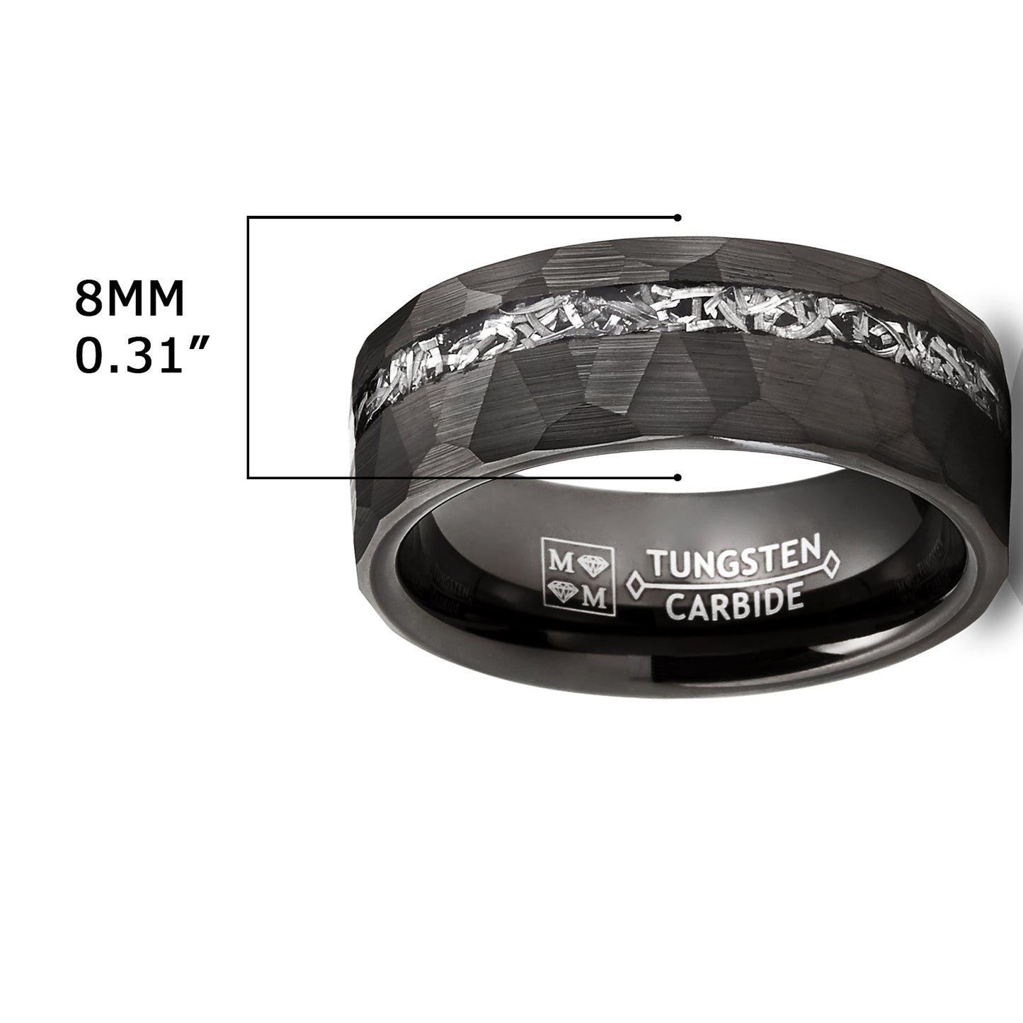Men's Tungsten Carbide Ring Hammered Meteorite Wedding Band 8MM Silvertone Black