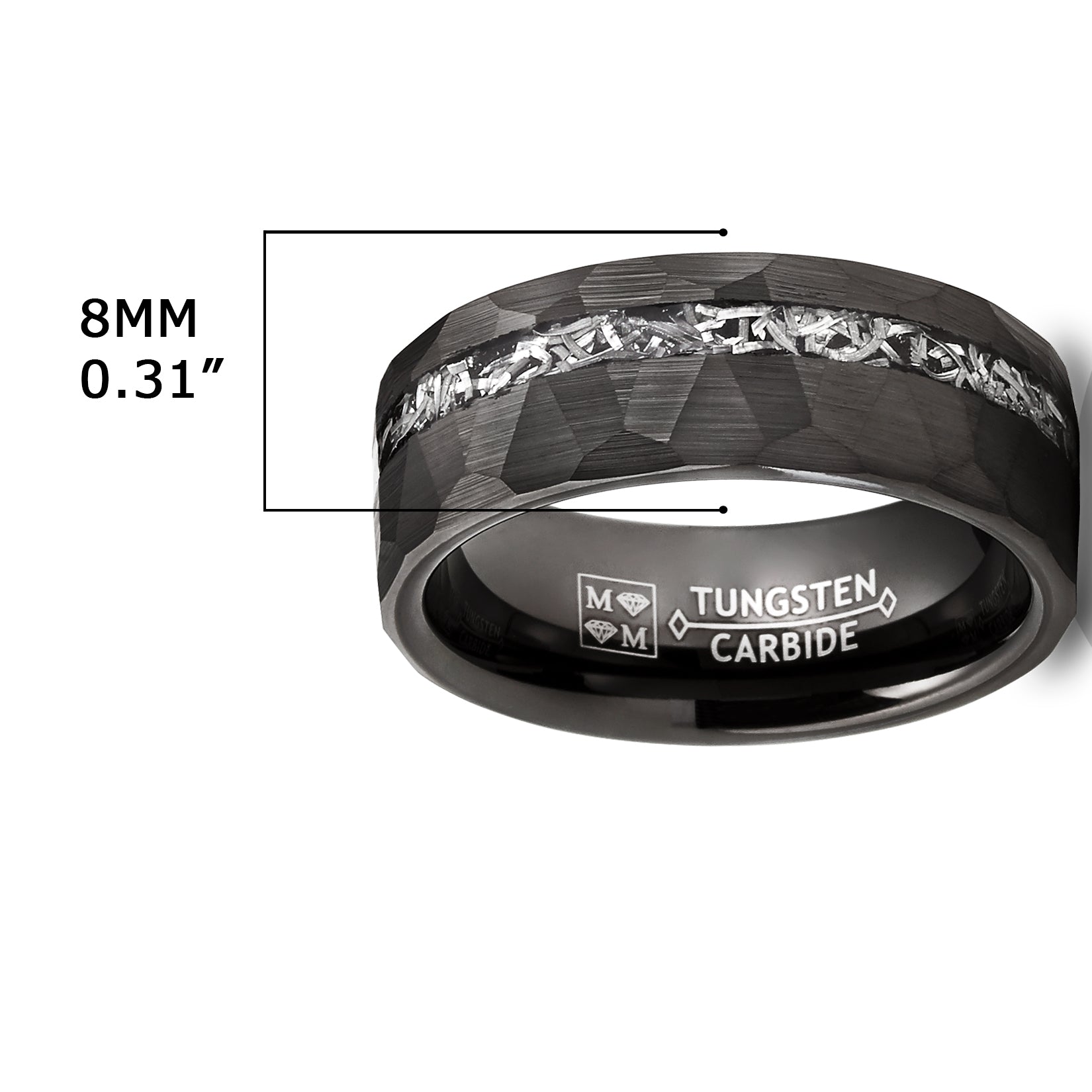 Men's Tungsten Carbide Ring Hammered Meteorite Wedding Band 8MM Silvertone Black
