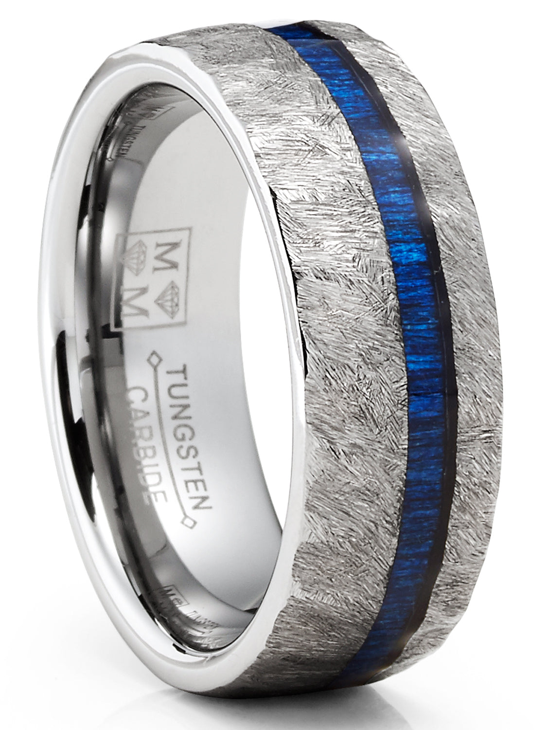 Mens Tungsten Carbide Ring Blue Wood Hammered Wedding Band 8MM Comfort-Fit Silver