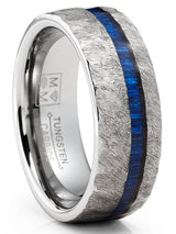 Mens Tungsten Carbide Ring Blue Wood Hammered Wedding Band 8MM Comfort-Fit Silver