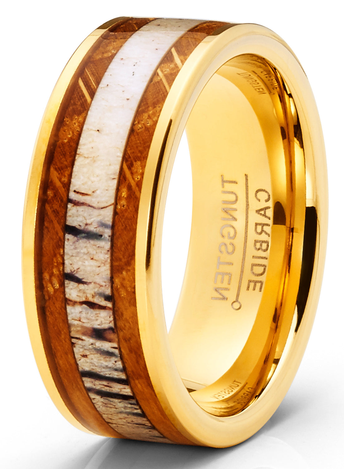 Tungsten Carbide Mens Wedding Band Whiskey Barrel Deer Antler Engagement Ring Goldtone
